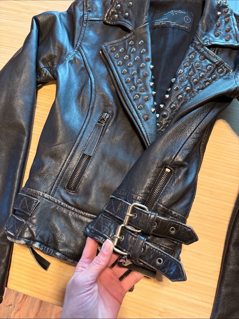All Saints Studded Leather Biker Moto Jacket Black US 2 - Picture 4 of 14